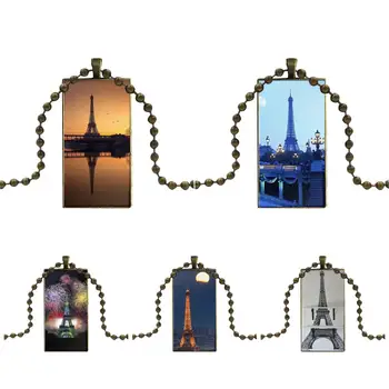 

For Girls Best Gift Eiffiel Towel Vintage Jewelry Bronze Plated With Glass Cabochon Choker Long Pendant Rectangle Necklace