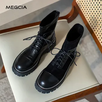 

black platform boots woman ankle boots martin genuine leather lace up autumn winter boots designer strethc flock suede shoes A17