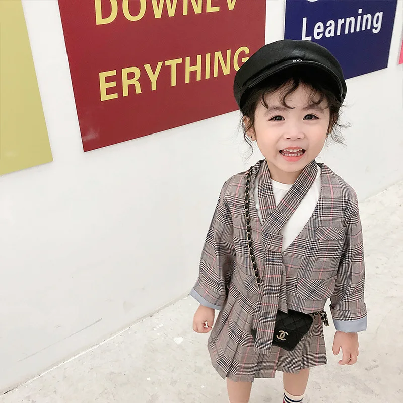 

2019 Autumn New Arrival korean style clothing sets plaid coat with shirt and necktie fashion suit for cute sweet baby girls