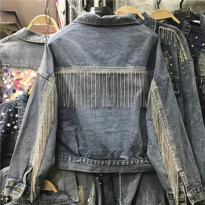 

2020 Spring Retro BF Wind Jacket Loose-Fit Batwing-Sleeve Fringed Cropped Denim Jacket Ladies Streetwear Jean Coat Nancylim