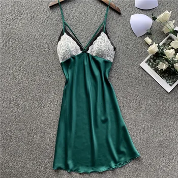 

Green Women Spaghetti Strap Nightdress Silky Satin Sleepwear Nightgown Casual Soft Nightwear Summer Homewear Intimate Lingerie