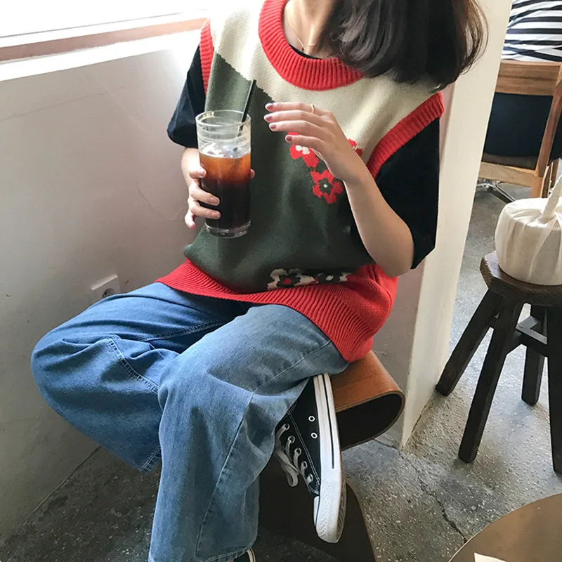

2019 autumn and winter preppy style floral sleeveless sweater vests sweaters and pullovers womens (F1357)