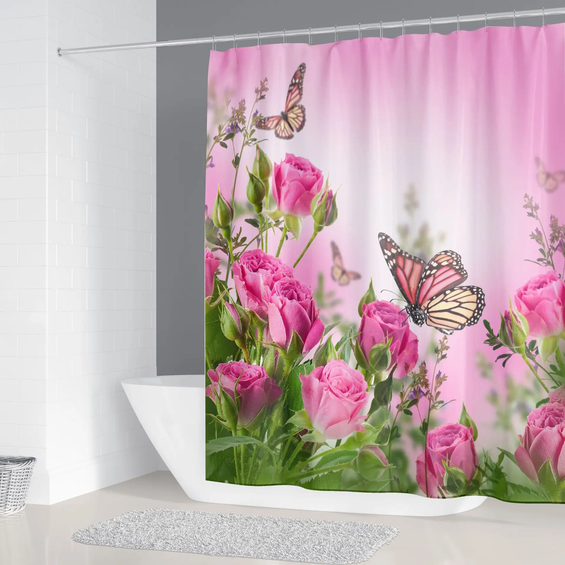 

Hot sale flower butterfly waterproof shower curtain polyester fabric home bathroom shower curtain y53