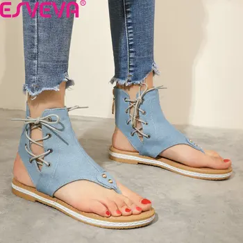 

ESVEVA 2020 Denim Lace Up Slingback Women Sandals Summer Ankle Strap Square Low Heels Simple Fashion Women Shoes Big Size 34-43