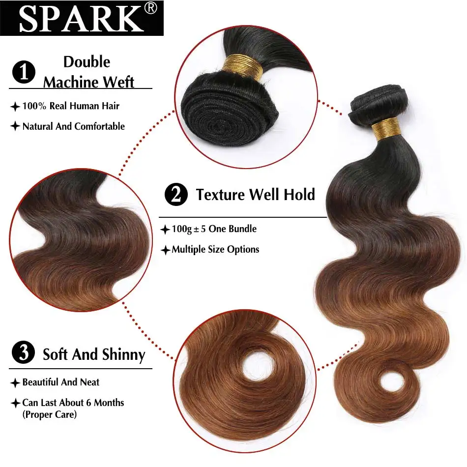 Spark Brazilian Remy Hair Ombre Body Wave 1b/4/30 Machine Double Weft 100% Human Hair Weave Bundle 12-26 inch Free shipping