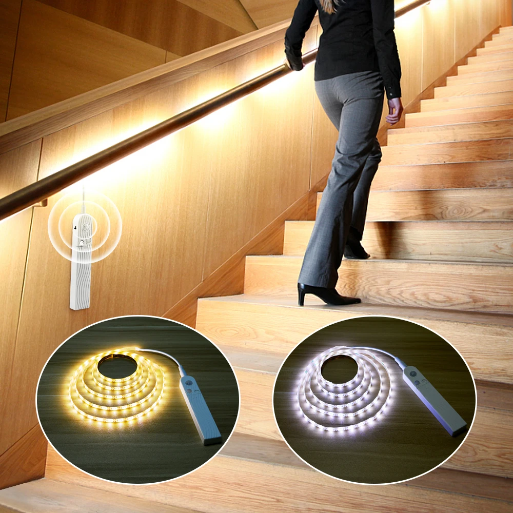 Tira de LED con Sensor de movimiento PIR inteligente, lámpara 2 modos, para escaleras, dormitorio, cocina, armario, cama, 5V|Luces para armario| -