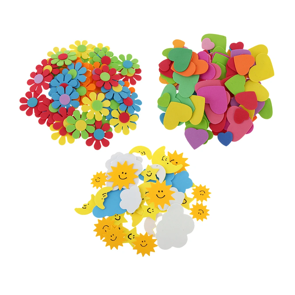 180 Pieces Mixed Foam Heart Flower Sun Clouds Shape for DIY Kid Craft Home Decoration
