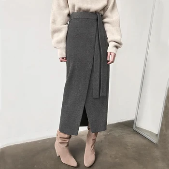 

Asymmetrical Lace-Up Knot Office Ladies Long Skirt High Waist Elegant Wrap Skirt Women Fashion Midi Skirts Thick Autumn Winter