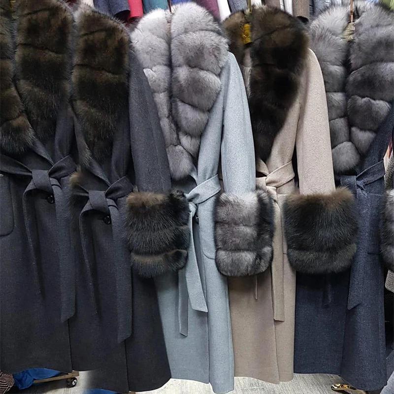BFFUR шерстяное пальто с толстым лисьим меховым воротником, Женское пальто из натурального меха, Зимние Модные женские пальто с отделкой из натурального меха, Длинные Роскошные