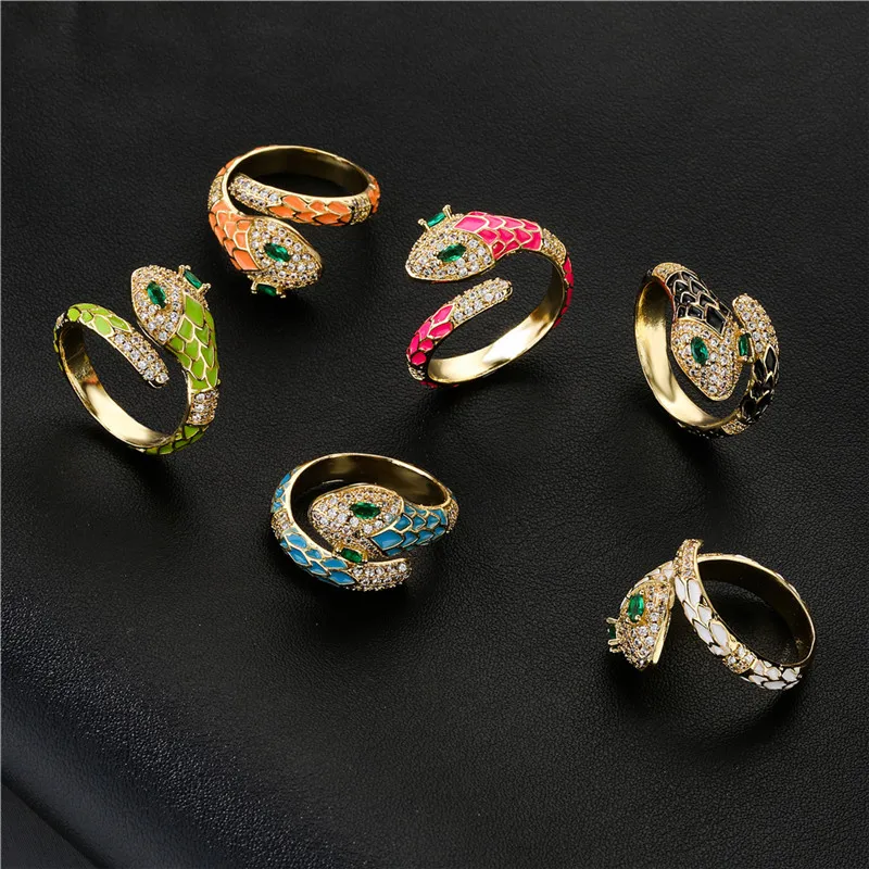 TOBILO 2022 New Gold Color Metal Colorful Oil Female Fashion Snake Jewelry High Quality AAA CZ Stone Wedding Open Ring for Women | Украшения