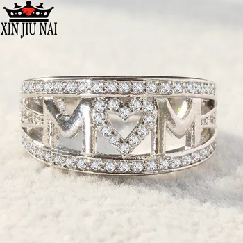 

Love Mom Heart Design Women Ring Zircon Finger Circlet 925 Silver Rings Charms Mother Day's Gift MUM Festival Present Size6-10