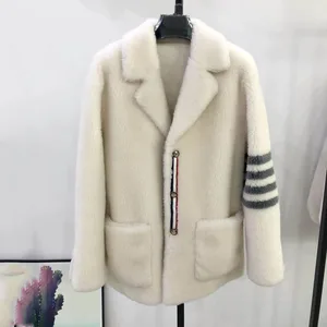 Abrigo corto de estilo coreano para mujer, abrigo cálido con cuello vuelto, chaqueta de lana de oveja Real, nueva moda, cuatro rayas para el brazo, 100%