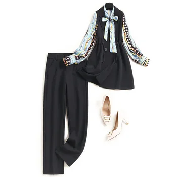 

2020 autumn fall winter women suits office lady blouses bow collar shirts + black long vest + pants elegant three piece outfit