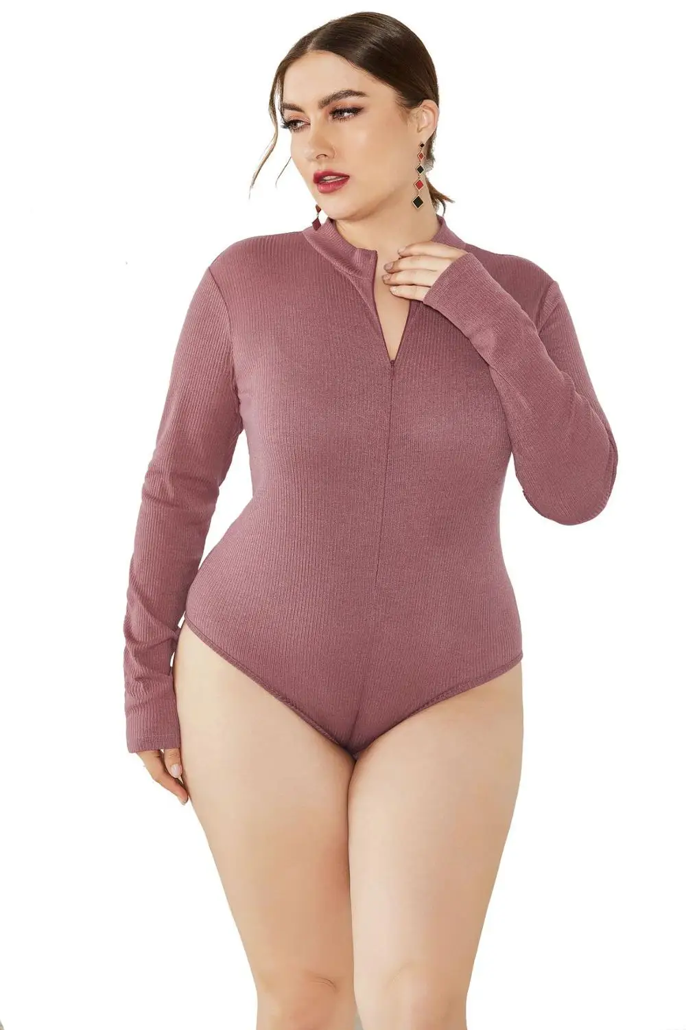 Большие размеры женские 5XL с воротником-стойкой и длинными рукавами, на молнии, вязаный свитер, боди, Осень-зима, Новые однотонные повседневные офисные комбинезоны