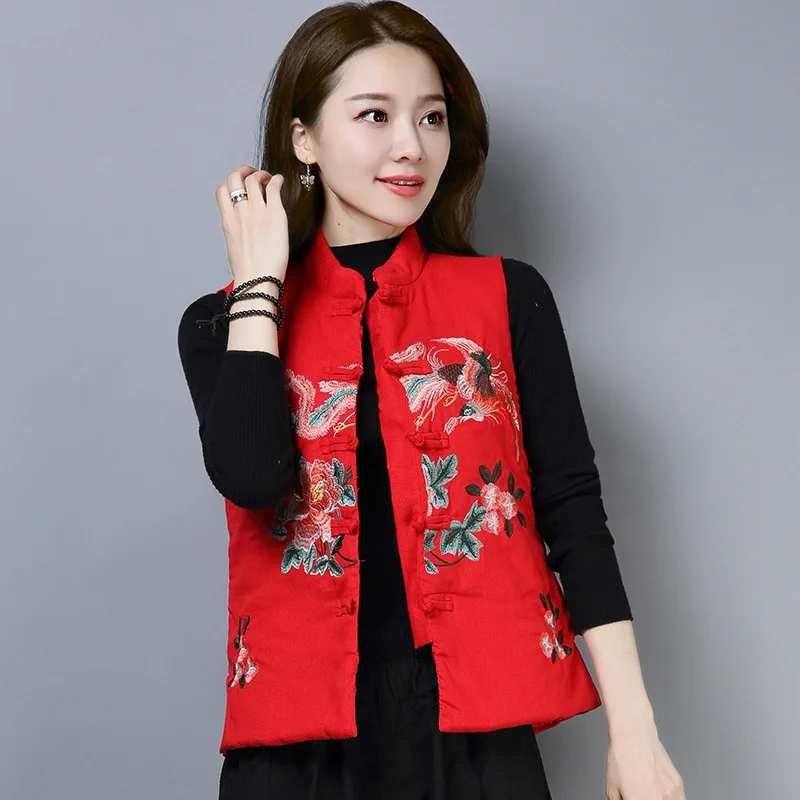 

2019 Winter New Style Ethnic-Style Cotton Linen WOMEN'S Dress Frog Embroidered Vest Dissection Has in Thick Cotton Overcoat