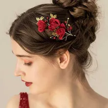 Женский цветок листья Золотая повязка на голову свадебный красный цветок украшения для волос для свадьбы и вечеринки