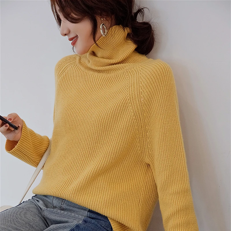 

Women's Sweater Big Size Turtleneck Loose Cashmere Knitted Sweaters Pullovers Autumn Winter Warm Tops Yellow Large Size Jumper