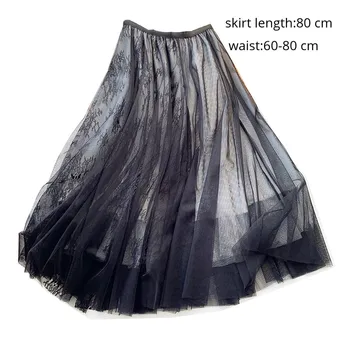 

Korean Style Fashion Women Spring Summer Calf-length Skirt Femme Elastic High Waisted Elegant 3 Layers Mesh&Lace Contrast Skirts