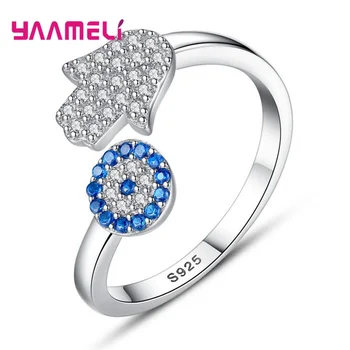 925 Sterling Silver Jewelry AAA Cubic Zircon Evil Eye and Palm Hand Opening Adjustable Size Finger Rings for Women