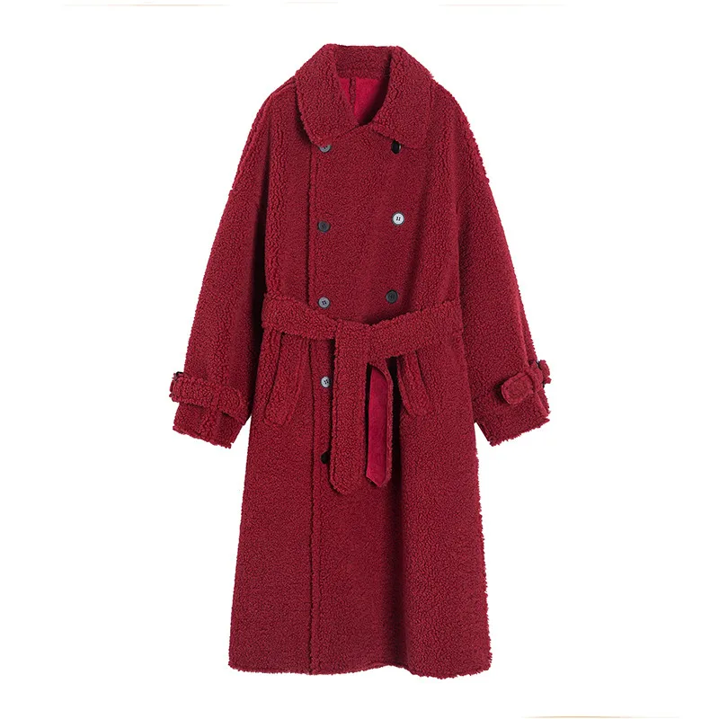 Новинка, Корейская Красная плюшевая куртка из овечьей шерсти, зимнее длинное двубортное пальто, женское свободное меховое пальто, Женское пальто XA365