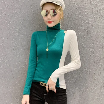 

Korean Turtleneck Contrast Color Pullover Sweater Women 2019 New Autumn Winter Sexy Off Shoulder Women Top Pull Femme M99203