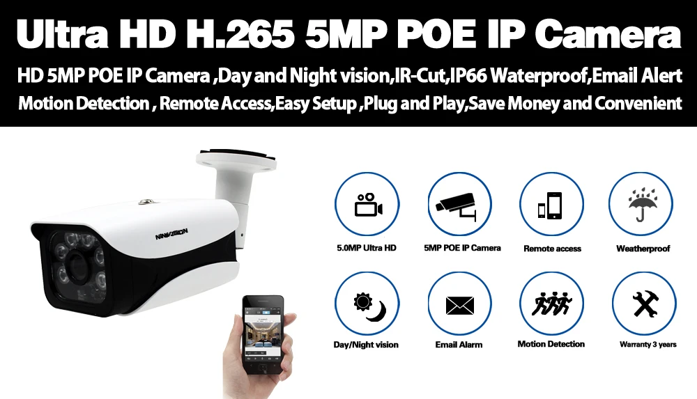 H.265 5MP POE ip-камера 5MP Bullet CCTV ip-камера ONVIF 2,0 для POE система NVR Водонепроницаемый Открытый ночного видения