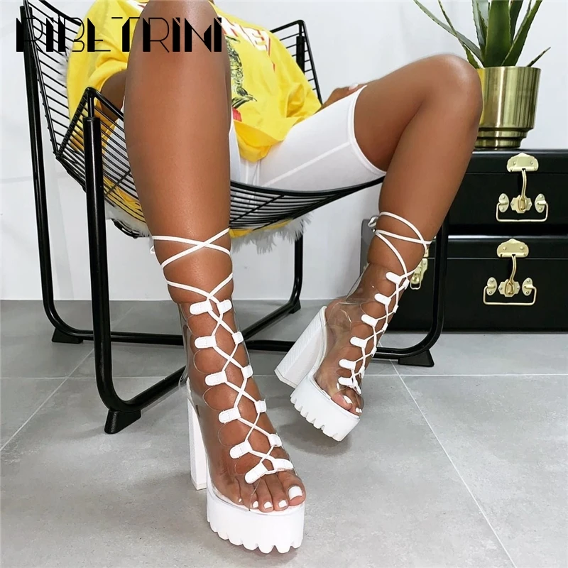 

RIBETRINI Hot 35-42 INS Cool High Platform Ankle Wrap Sandals Shoes Woman High Block Heels Transparent Gladiator Sandals Women