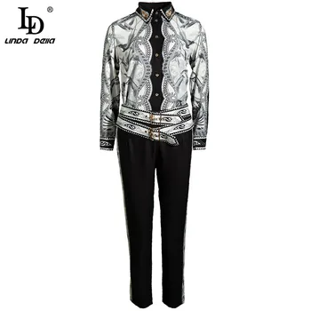 

LD LINDA DELLA Fashion Runway Autumn Pants Sets Women's Beading Long Sleeve Print Blouse and Slim Black Long Pants 2 Piece Suit