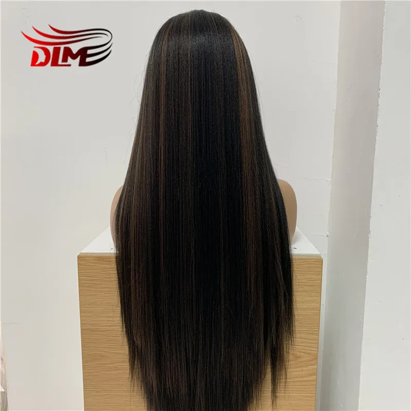 

DLME Synthetic Lace Front Wigs Long Yaki Straight Middle Part Lace Wig Glueless Heat Resistant Fiber Lace Wigs Brown 613