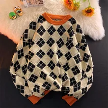 Men's Fashion Personality Plaid Sweater High Street Harajuku Knitwear Spring and Autumn Couple Pullover Korean Clothes