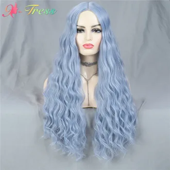 

X-TRESS Blue Colored Long Body Wave Wigs For Black Women Machine Made Synthetic 26inch Wigs Heat Resisant Cosplay Wigs
