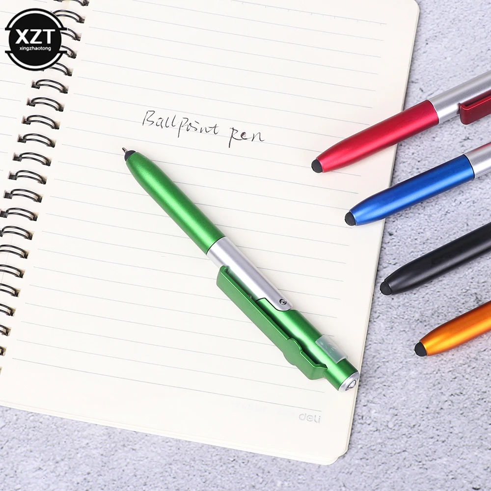 Multi-function 4-in-1 Foldable Ballpoint Pen Capacitive Stylus Flashlight Support for Tablet Cellphone Mobile Phone Holder