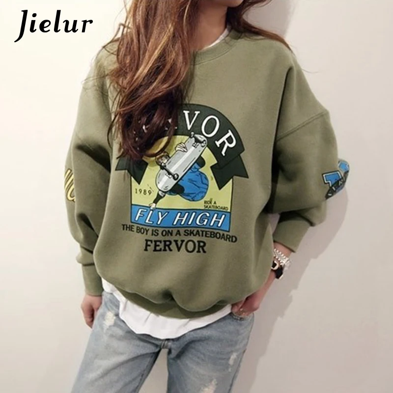 Baratos 2019 invierno otoño nuevo Harajuku divertido chándal de dibujos animados para mujeres Pullover sudaderas con capucha de lana suelta sudadera femenina verde ejército 2XL