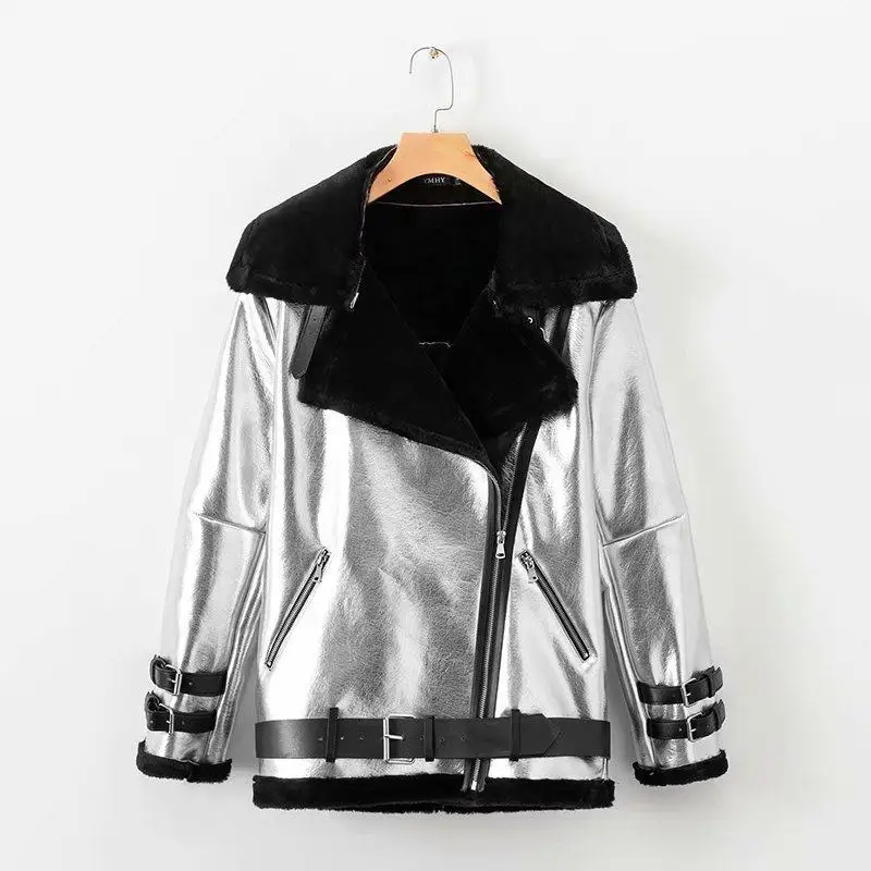 

Bomber Jacket Faux Fur Coat Women Winter Wear Thicken Faux Leather Fur Female Coat Fur Lining Leather Jacket Aviator Jacket
