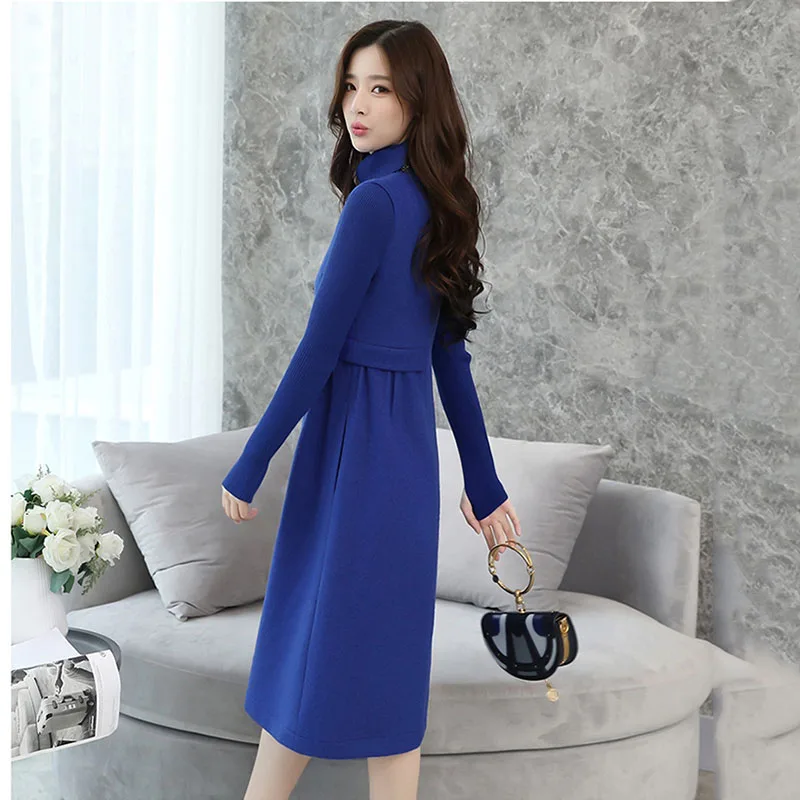Шерстяное платье Женская осенне-зимняя одежда новая Корейская версия длинного темпераментного вязаного рукава с высоким воротником