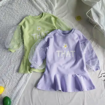 

WLG Girls Casual Dresses Kids Spring Green Purple Mesh Floral Ruffle Dress Baby Girl All Match Clothes for 2-6 Years