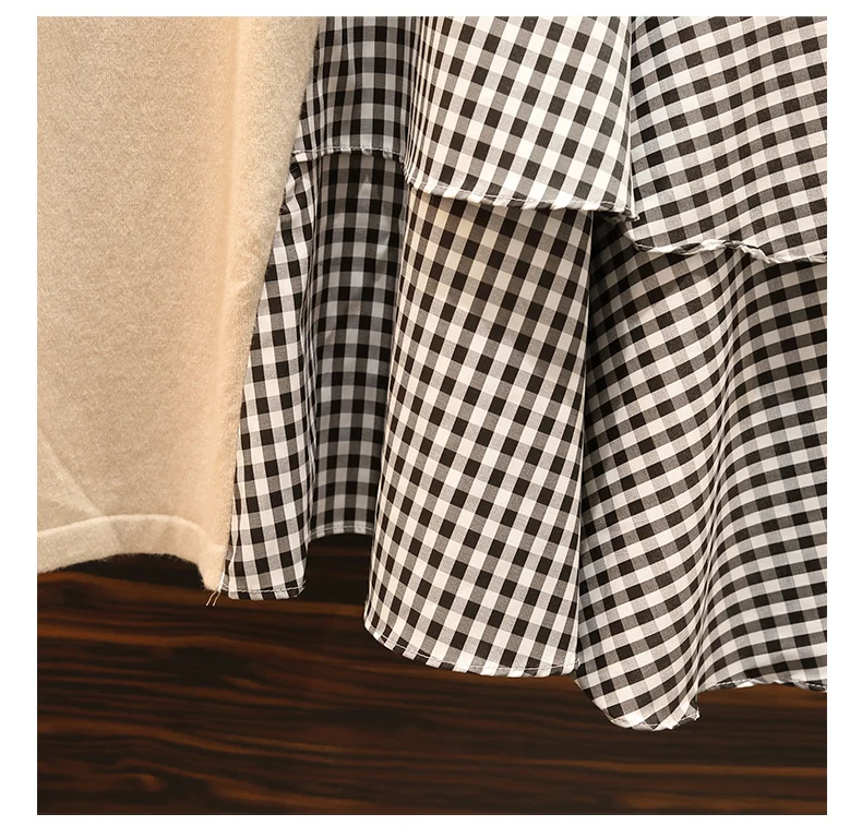 L-4XL Plus Size Women Knitted Dress Autumn Fashion Long Sleeve Patchwork Plaid Ruffle Loose Casual Ladies A-Line Dresses