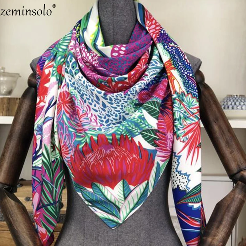 Luxury Brand 100% Twill Silk Scarf Multicolor Square Bandana Floral Print Kerchief Scarves For Women Shawls Wraps Echarpe |