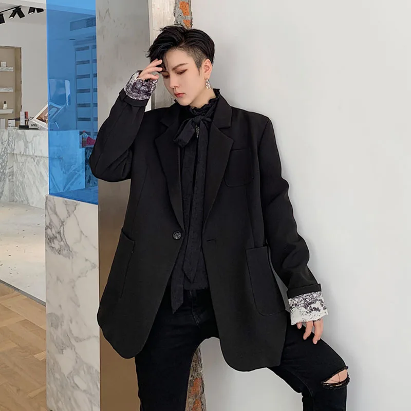 

Male Streetwear Chic Style Fashion Hip Hop Suit Coat Outerwear Men Vintage Print Lining Loose Casual Suit Coat Blazer Jacket