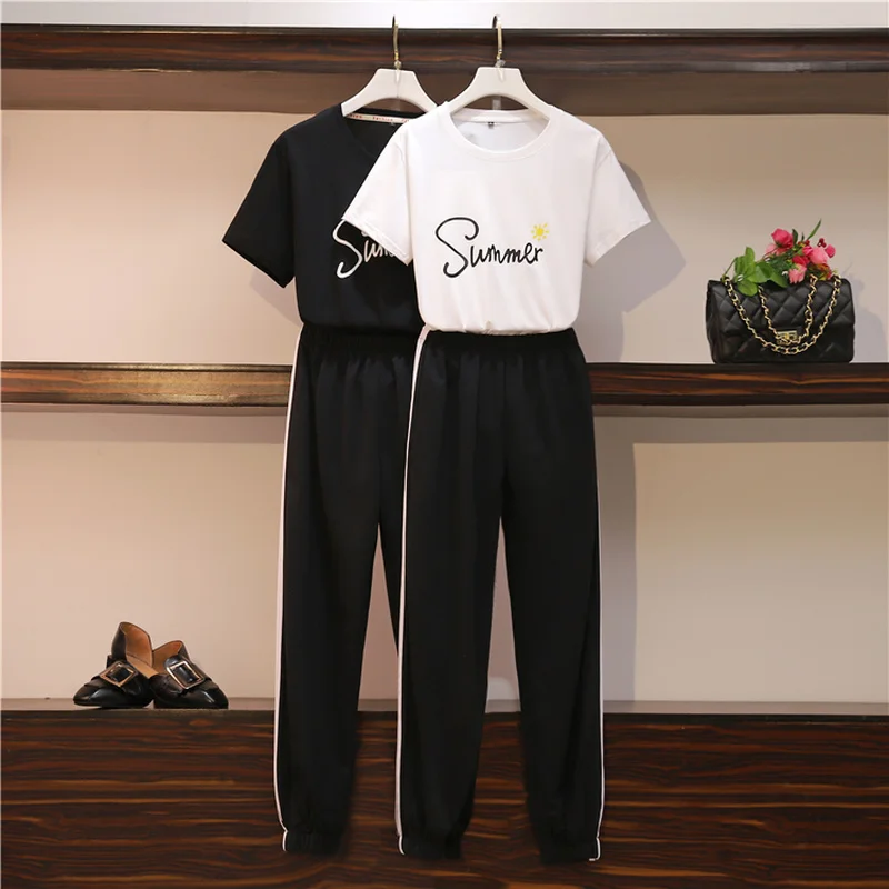 Женский летний комплект из 2 предметов футболка с принтом и полосатые брюки-карго