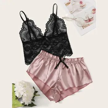 

Solid Color Sexy Women Lingerie Black Hollow Out Mesh Lace Underwear Stain Silk Shorts Set V-Neck Sling Pajamas Ropa Interior