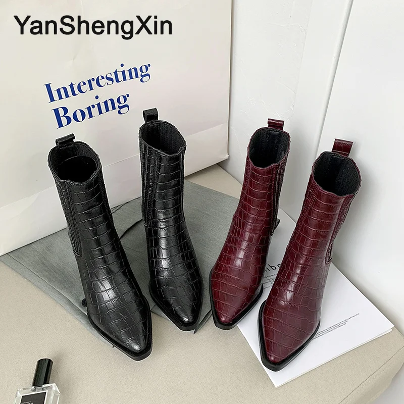 YANSHENGXIN/обувь; женские ботинки; ботинки до середины икры с каменным лицевым покрытием; эластичная женская обувь с острым носком; осенне-зимние ботинки; женские ботинки