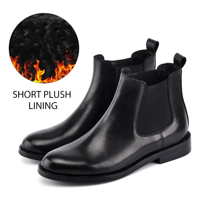 Donna-in/женские ботинки «Челси» из натуральной кожи на низком каблуке с круглым носком; короткие плюшевые женские ботильоны; сезон осень-зима; повседневная обувь - Цвет: Black short plush