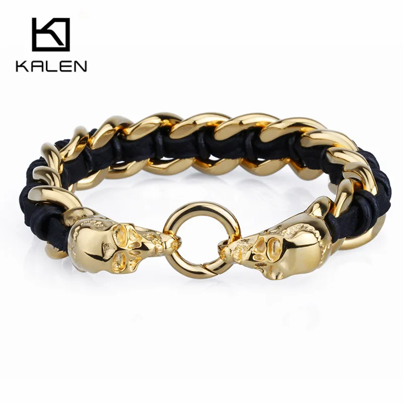 Мужские золотые кожаные браслеты с черепом 22 см, нержавеющая сталь, скелет, панк, байкер, витая Цепочка, браслет, рок, ювелирное изделие