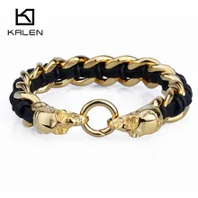 Мужские золотые кожаные браслеты с черепом 22 см, нержавеющая сталь, скелет, панк, байкер, витая Цепочка, браслет, рок, ювелирное изделие