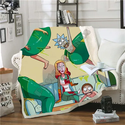 Плстар Космос Мультфильм Рик и Морти Забавный персонаж одеяло 3d печать одеяло на искусственном меху на кровати домашний текстиль милый стиль-3 - Цвет: Зеленый