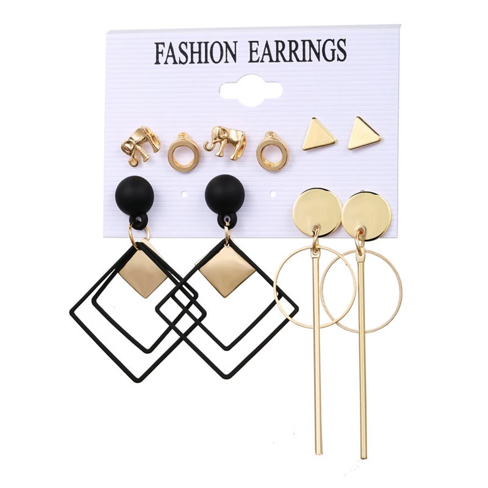 

5 Pairs of Elephant Geometric Ring Studs Earring Creative Retro Simple Hollow Alloy Pendant Earrings for Women Wedding Jewelry