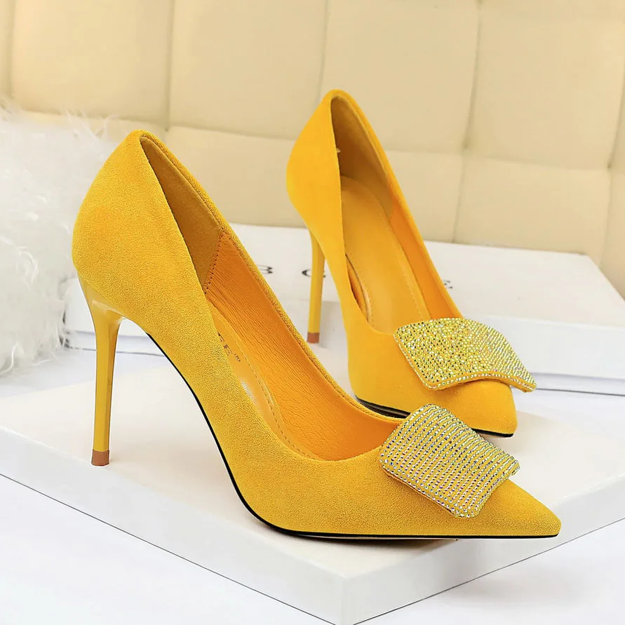 Women 9.5cm High Heels Crystal Buckle Glitter Pumps Lady Wedding Green Yellow Blue Heels Female Scarpins Valentine Shoes