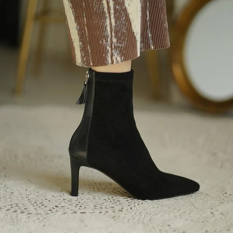 2021 Winter Autumn Women Ankle Boots Faux Suede High Heels Dress Shoes Black Pointed Toe Ladies Shoes Fashion Botas Mujer