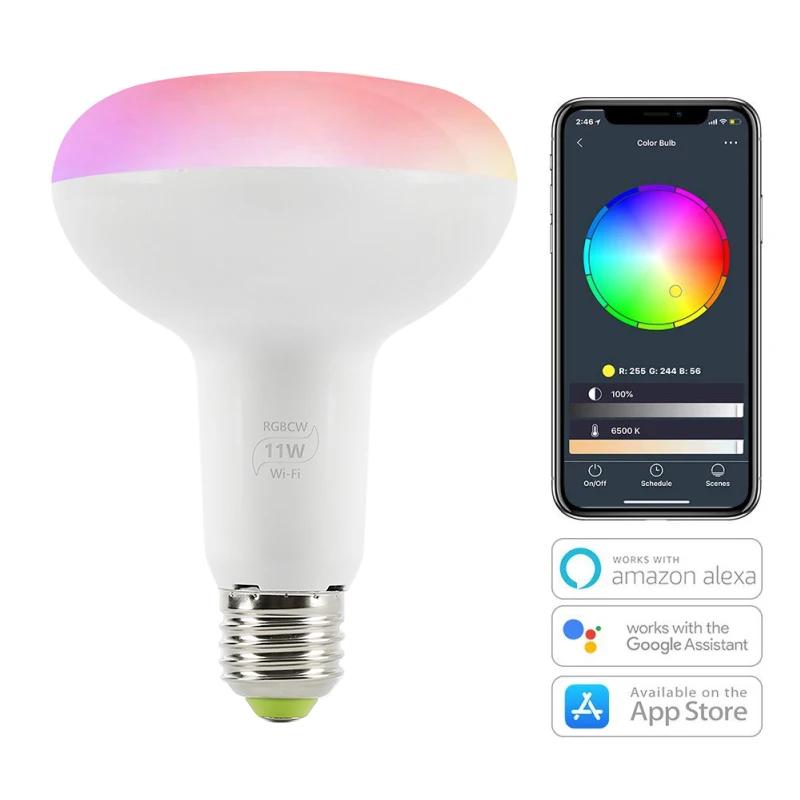 11W RGB WiFi Smart Light Bulb, Dimmable, Multicolor, Wake-Up Lights, No Hub Required, Compatible with Alexa and Google Assistant